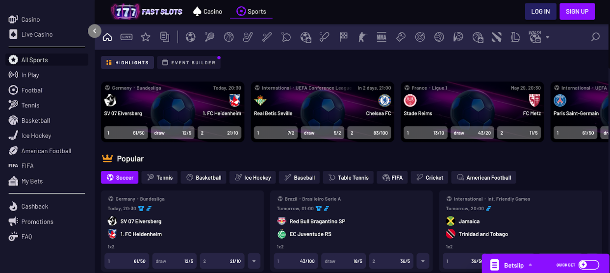 Fast Slots sportsbook interface with today’s Bundesliga and UEFA fixtures, featuring odds, popular sports tabs, and purple theme styling. Fast Slots Match Highlights