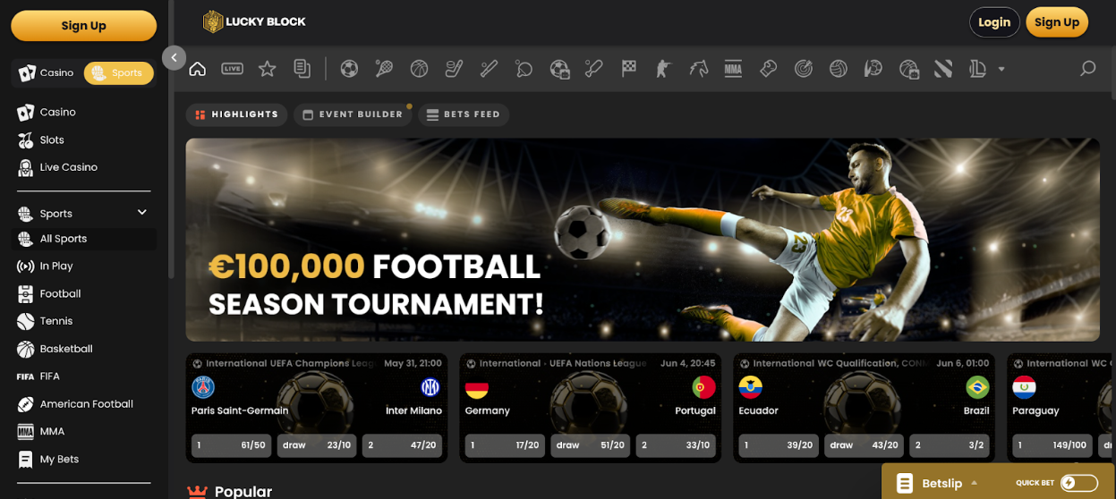 Lucky Block sportsbook homepage showing a €100,000 football season tournament banner, with live betting odds and match highlights. Lucky Block Sports Tournament